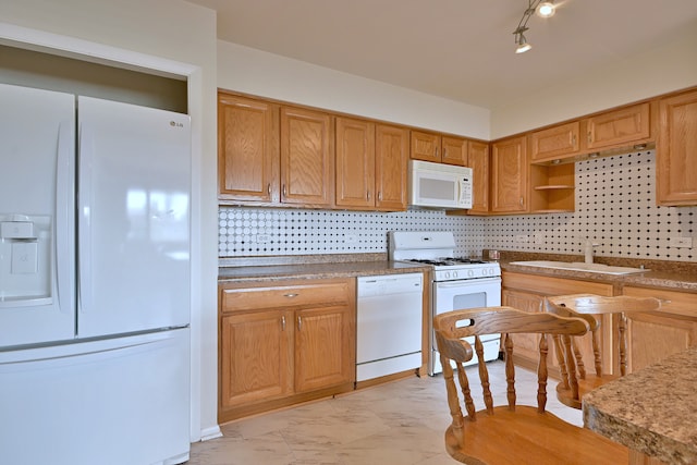 7321 W Fullerton Ave Unit 10, Elmwood Park, IL 60707 - kitchen with white appliances, a sink, light marble finish floors, and backsplash