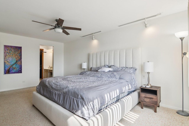 9346 Landings Ln Unit 506, Des Plaines, IL 60016 - bedroom with track lighting, carpet, baseboards, a ceiling fan, and connected bathroom