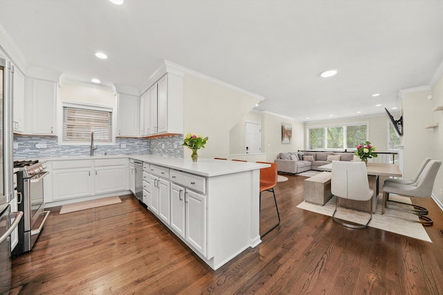 3353 N Kenmore Ave Unit 1, Chicago, IL 60657 - kitchen featuring stainless steel appliances, a peninsula, crown molding, open floor plan, and light countertops