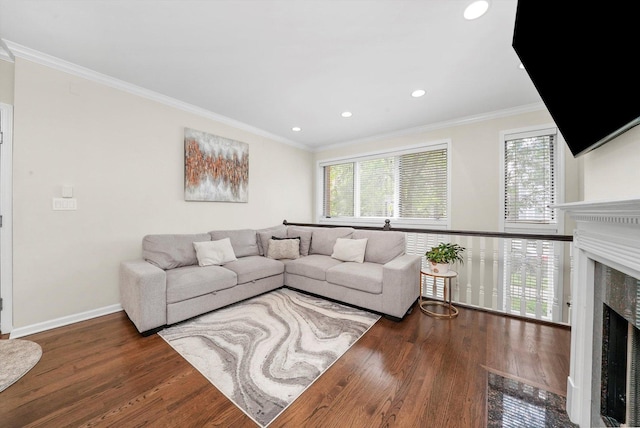 3353 N Kenmore Ave Unit 1, Chicago, IL 60657 - living area featuring wood finished floors, a premium fireplace, crown molding, and recessed lighting