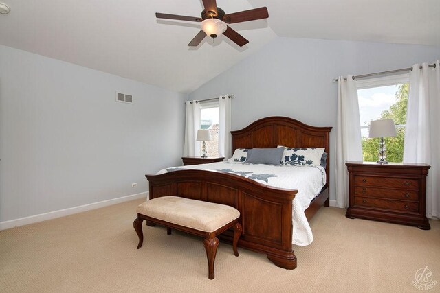 141 Mary Hamsmith Ct, Sycamore, IL 60178 - bedroom featuring light colored carpet, lofted ceiling, a ceiling fan, and baseboards