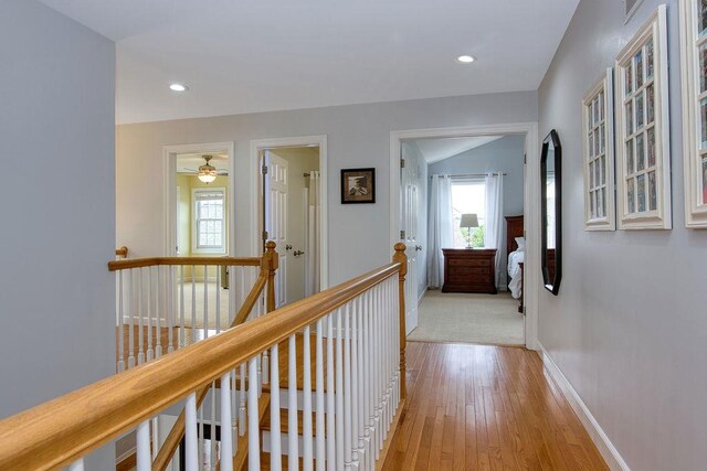 141 Mary Hamsmith Ct, Sycamore, IL 60178 - hall featuring baseboards, an upstairs landing, light wood-style floors, and recessed lighting