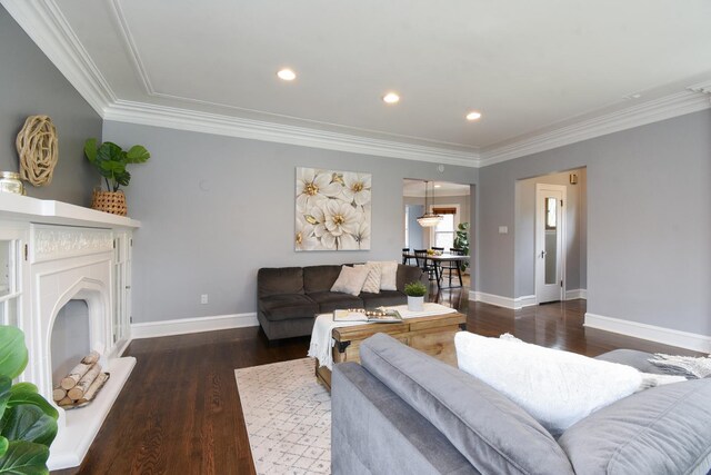 1234 Edmer Ave, Oak Park, IL 60302 - living room featuring wood finished floors, a fireplace with raised hearth, ornamental molding, and recessed lighting