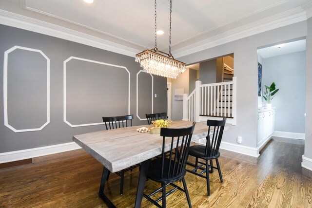 1234 Edmer Ave, Oak Park, IL 60302 - dining space featuring wood finished floors, crown molding, stairway, and a chandelier