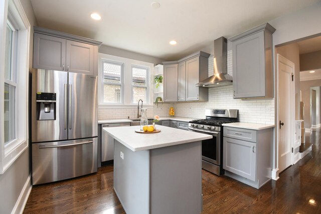 1234 Edmer Ave, Oak Park, IL 60302 - kitchen featuring stainless steel appliances, wall chimney range hood, gray cabinetry, and recessed lighting
