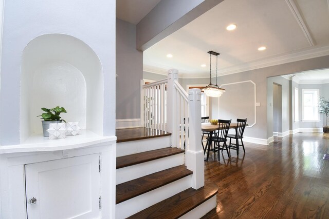 1234 Edmer Ave, Oak Park, IL 60302 - stairs with wood finished floors, crown molding, and recessed lighting