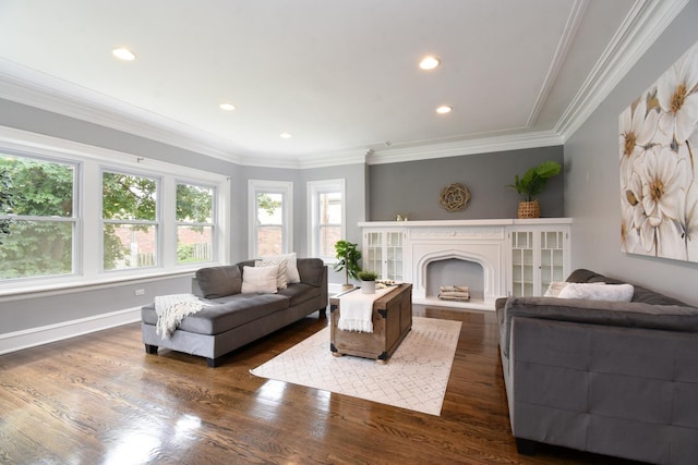 1234 Edmer Ave, Oak Park, IL 60302 - living room with dark wood-type flooring, a fireplace, ornamental molding, and recessed lighting