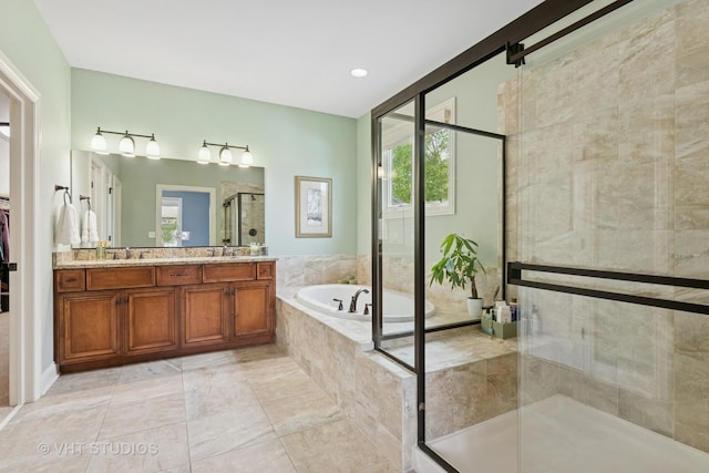 76 Landon Cir, Wheaton, IL 60189 - bathroom with a shower stall, a garden tub, double vanity, tile patterned flooring, and recessed lighting