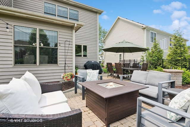 76 Landon Cir, Wheaton, IL 60189 - wooden terrace with an outdoor living space with a fire pit, a patio area, outdoor dining area, and grilling area