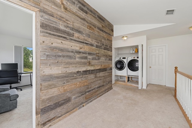 6941 Brightwater Dr, Fox Lake, IL 60020 - laundry area with wooden walls, washing machine and clothes dryer, carpet floors, and an office area