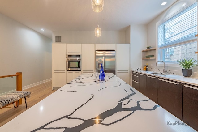 2414 W Grenshaw St Unit 1E, Chicago, IL 60612 - kitchen featuring appliances with stainless steel finishes, light countertops, decorative light fixtures, light wood-type flooring, and dark brown cabinetry