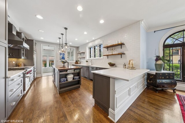 1141 N Ridgeland Ave, Oak Park, IL 60302 - kitchen with open shelves, wall chimney exhaust hood, tasteful backsplash, a sink, and glass insert cabinets