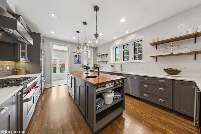 1141 N Ridgeland Ave, Oak Park, IL 60302 - kitchen featuring open shelves, wall chimney range hood, butcher block counters, stainless steel appliances, and a sink