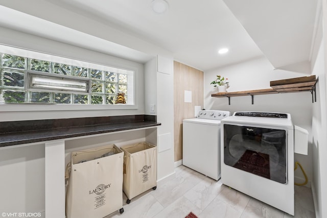 1141 N Ridgeland Ave, Oak Park, IL 60302 - laundry area with washing machine and dryer, light marble finish flooring, recessed lighting, and baseboards