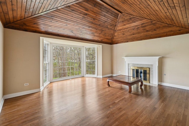 21956 N Hickory Hill Dr, Kildeer, IL 60047 - unfurnished living room featuring wooden ceiling, baseboards, a high end fireplace, high vaulted ceiling, and wood finished floors