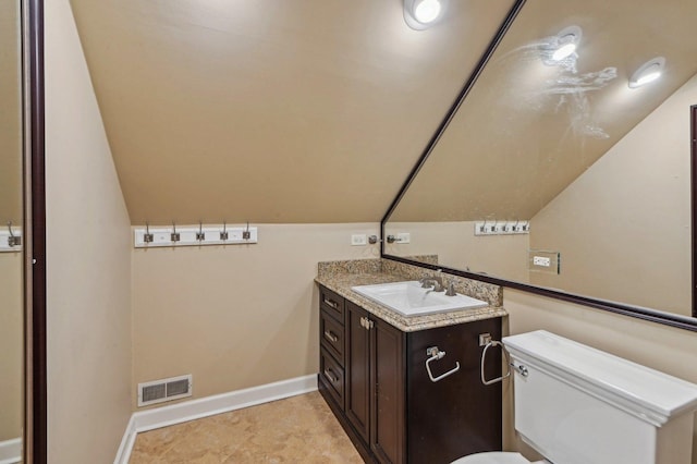 21956 N Hickory Hill Dr, Kildeer, IL 60047 - bathroom featuring vanity, toilet, baseboards, and lofted ceiling