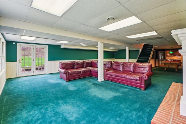 21956 N Hickory Hill Dr, Kildeer, IL 60047 - living room with a paneled ceiling, a wainscoted wall, carpet, stairs, and pool table