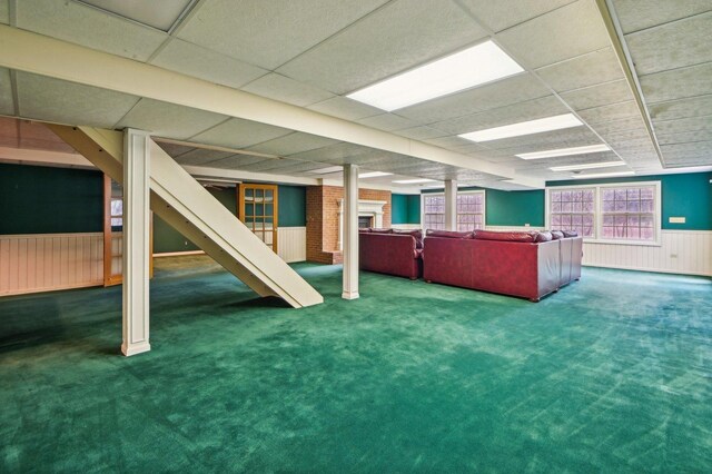 21956 N Hickory Hill Dr, Kildeer, IL 60047 - basement with a drop ceiling, carpet flooring, and wainscoting