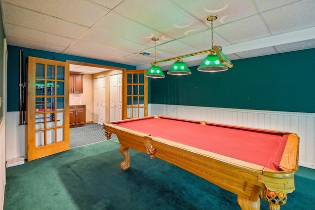 21956 N Hickory Hill Dr, Kildeer, IL 60047 - playroom with wainscoting, a drop ceiling, french doors, carpet, and billiards