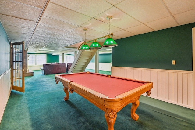 21956 N Hickory Hill Dr, Kildeer, IL 60047 - recreation room with carpet floors, wainscoting, billiards, and a drop ceiling