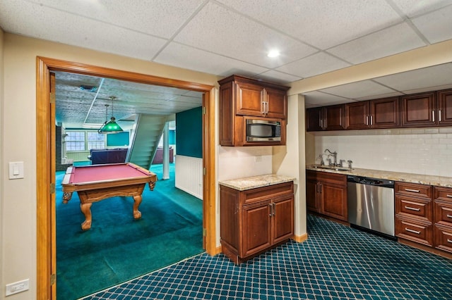 21956 N Hickory Hill Dr, Kildeer, IL 60047 - kitchen featuring stainless steel appliances, dark carpet, pool table, a paneled ceiling, and wainscoting