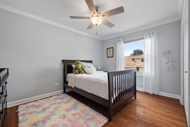 16906 Grissom Dr, Tinley Park, IL 60477 - bedroom with ornamental molding, baseboards, wood finished floors, and ceiling fan