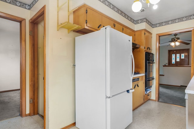 493 W Avery St, Elmhurst, IL 60126 - kitchen featuring freestanding refrigerator, wall oven, baseboards, a ceiling fan, and light countertops