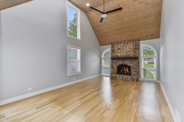 631 S Whispering Hills Dr, Naperville, IL 60540 - unfurnished living room featuring wooden ceiling, high vaulted ceiling, plenty of natural light, wood finished floors, and ceiling fan