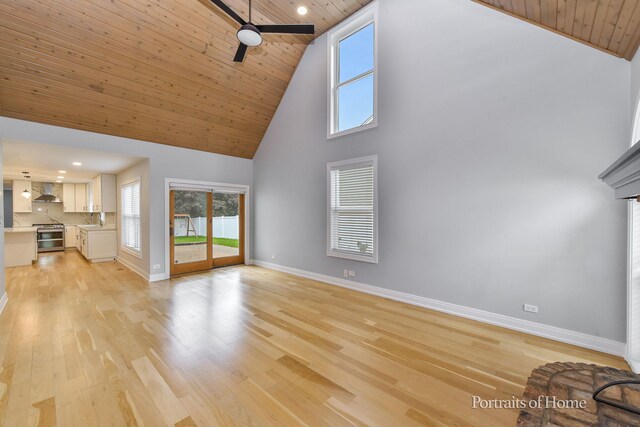 631 S Whispering Hills Dr, Naperville, IL 60540 - unfurnished living room with wooden ceiling, high vaulted ceiling, ceiling fan, light wood-style floors, and recessed lighting