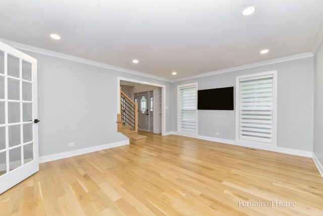 631 S Whispering Hills Dr, Naperville, IL 60540 - spare room with stairs, light wood-style flooring, crown molding, and recessed lighting