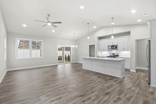 6375 Jasmine Ave, Portage, IN 46368 - kitchen with stainless steel appliances, a sink, open floor plan, wood finished floors, and a ceiling fan