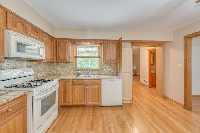 1825 W Sherry Ln, Addison, IL 60101 - kitchen with white appliances, a sink, light wood-style flooring, tasteful backsplash, and light stone countertops