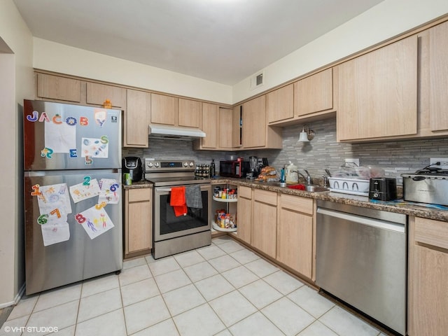 522 E Algonquin Rd Unit 200, Schaumburg, IL 60173 - kitchen with stainless steel appliances, under cabinet range hood, a sink, light brown cabinets, and decorative backsplash