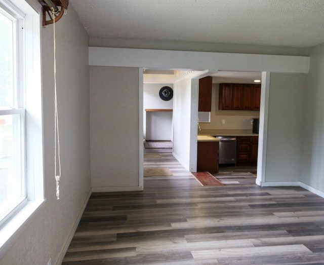 510 W Harrison St, Villa Grove, IL 61956 - kitchen with stainless steel dishwasher, wood finished floors, plenty of natural light, light countertops, and a textured ceiling