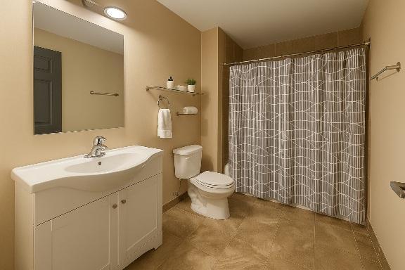 bathroom featuring vanity, toilet, curtained shower, and tile patterned flooring