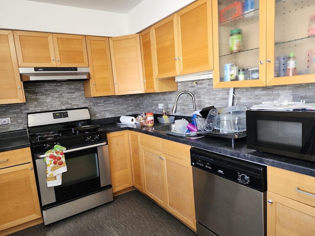 659 E Fullerton Ave Unit 201, Glendale Heights, IL 60139 - kitchen featuring range with gas stovetop, stainless steel dishwasher, under cabinet range hood, black microwave, and decorative backsplash