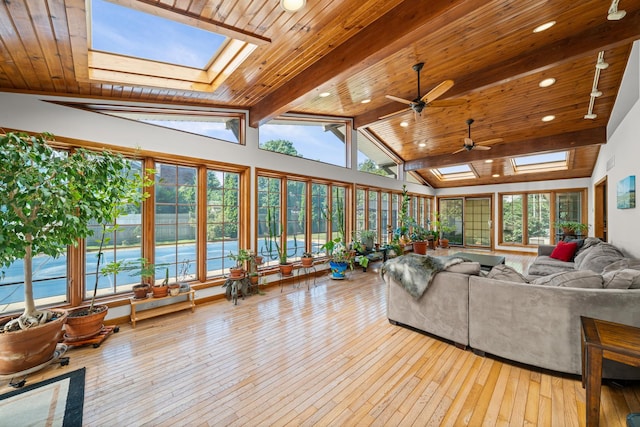28 Lions Rd, Sandwich, IL 60548 - sunroom / solarium featuring a skylight, wooden ceiling, hardwood / wood-style floors, recessed lighting, and high vaulted ceiling