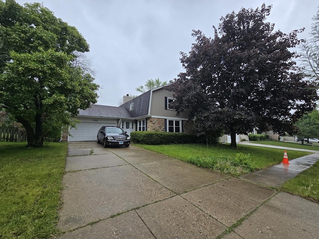 355 Crestwood Ct, Algonquin, IL 60102 - colonial inspired home with a front lawn, an attached garage, concrete driveway, a chimney, and stone siding