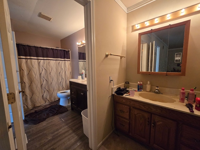 355 Crestwood Ct, Algonquin, IL 60102 - bathroom with vanity, crown molding, wood finished floors, and curtained shower