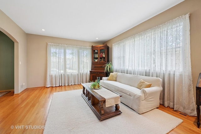 9008 Marmora Ave, Morton Grove, IL 60053 - living area featuring arched walkways, light wood-style flooring, and recessed lighting