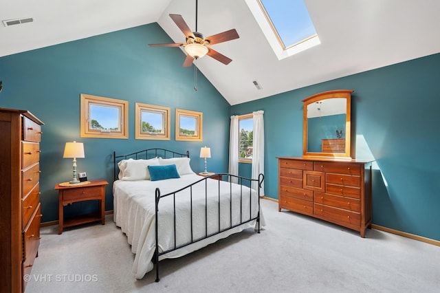 9008 Marmora Ave, Morton Grove, IL 60053 - carpeted bedroom featuring high vaulted ceiling, a skylight, and ceiling fan