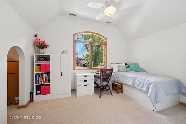 9008 Marmora Ave, Morton Grove, IL 60053 - bedroom with vaulted ceiling, light carpet, arched walkways, and a ceiling fan