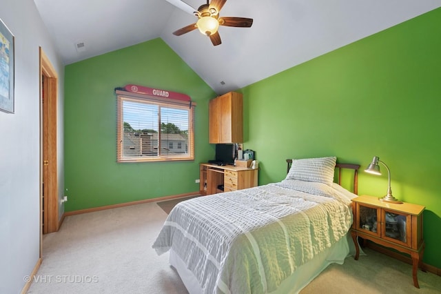 9008 Marmora Ave, Morton Grove, IL 60053 - bedroom with light carpet, vaulted ceiling, and a ceiling fan