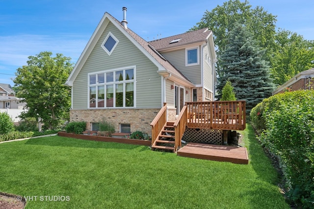 9008 Marmora Ave, Morton Grove, IL 60053 - back of house with a wooden deck, a lawn, brick siding, stairs, and roof with shingles
