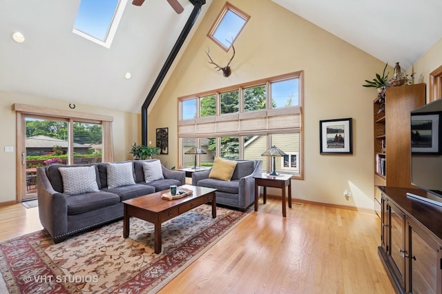 9008 Marmora Ave, Morton Grove, IL 60053 - living room featuring high vaulted ceiling, ceiling fan, light wood finished floors, and a skylight