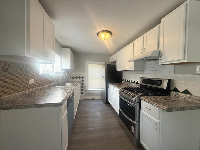 557 W Water St, Waukegan, IL 60085 - kitchen featuring stainless steel appliances, under cabinet range hood, white cabinets, and dark countertops