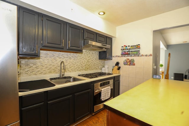 19421 W Hoag Ct, Mundelein, IL 60060 - kitchen featuring appliances with stainless steel finishes, under cabinet range hood, a sink, light countertops, and dark wood-style floors