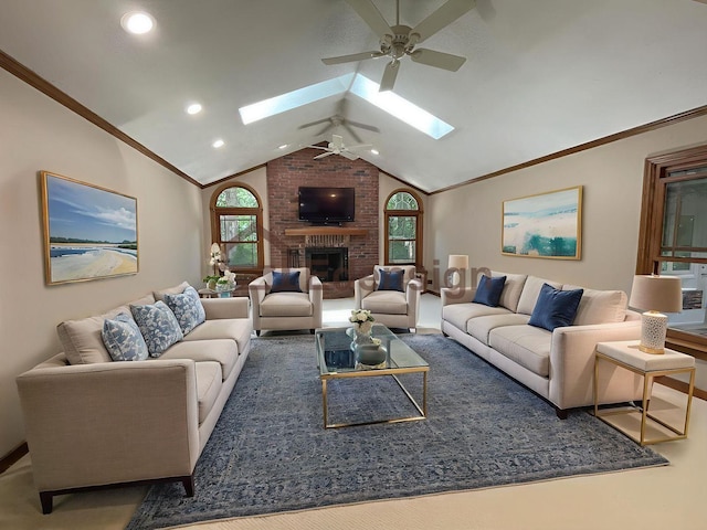 26136 E 2200 N Rd, Lexington, IL 61753 - living room featuring ceiling fan, a skylight, a fireplace, lofted ceiling, and recessed lighting