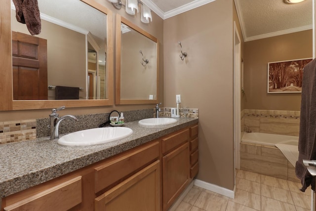 26136 E 2200 N Rd, Lexington, IL 61753 - bathroom featuring double vanity, a garden tub, crown molding, and tile patterned floors