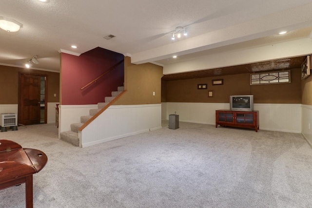26136 E 2200 N Rd, Lexington, IL 61753 - finished basement with wainscoting, carpet floors, stairs, ornamental molding, and a textured ceiling